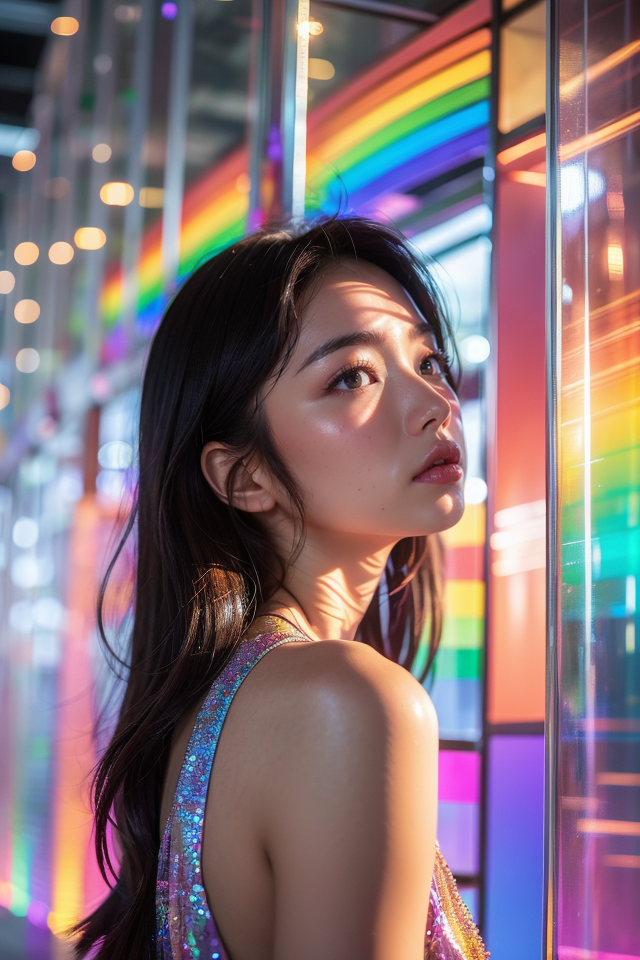 38367-1360460867-A 28-year-old Asian girl,Upper body view,Surrounded by a vibrant display of rainbows,The background is a complex glass structure.png